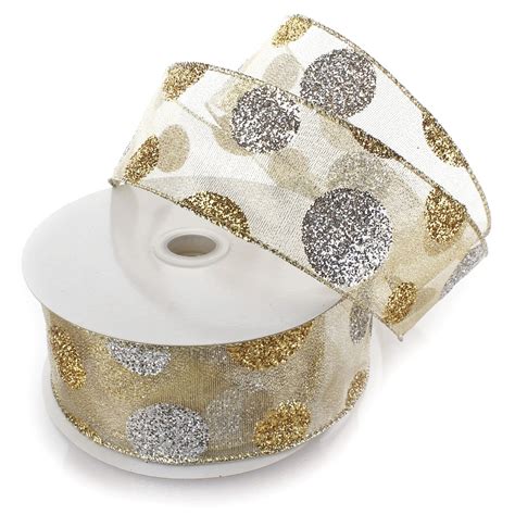 Ribbon Traditions Large Glitter Dots Gold Silver Wired Ribbon 2 12