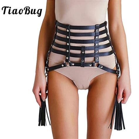 tiaobug fashion women punk faux leather sexy goth tassel belt body waist cage bondage harness
