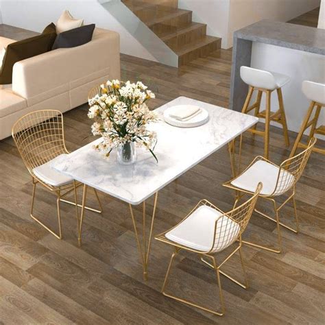 Modern Chic Style Rectangular Dining Table In Gold With White Marble