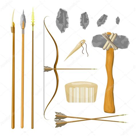 Set Tools Of Prehistoric Man Bow And Arrow Spear Hammer Comb