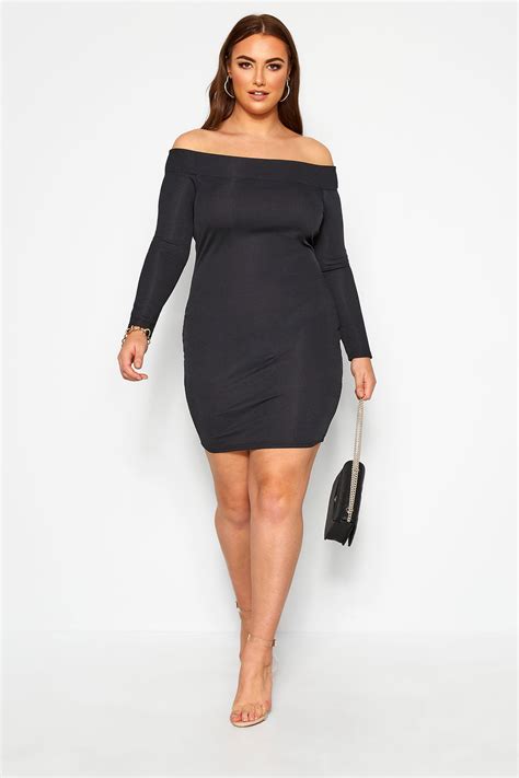 Limited Collection Black Ribbed Bardot Bodycon Dress Yours Clothing