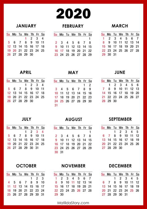2020 Calendar With Holidays Printable Free Red Sunday Start