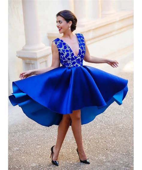 2016 Sexy Royal Blue Short Prom Dresses Plunging V Neck Backless Satin Cocktail Homecoming