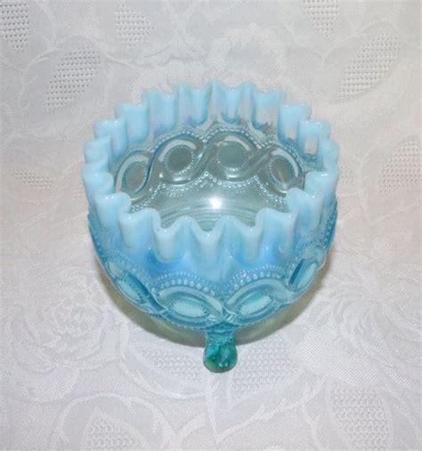 Antique Northwood Blue Opalescent Beaded Cable Pattern Rose Bowl With