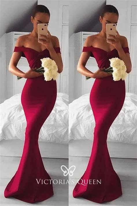 Dark Red Satin Off The Shoulder Mermaid Long Prom Dress Vq