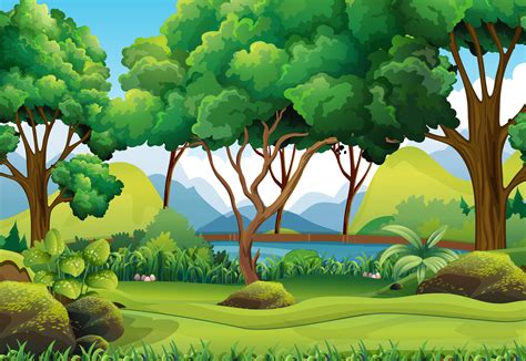 Forest Scene With River And Trees 446993 Vector Art At Vecteezy