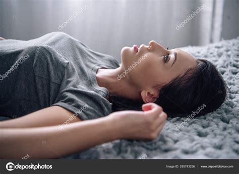 Beautiful Depressed Woman Lying Bed Home — Stock Photo © Haydmitriy
