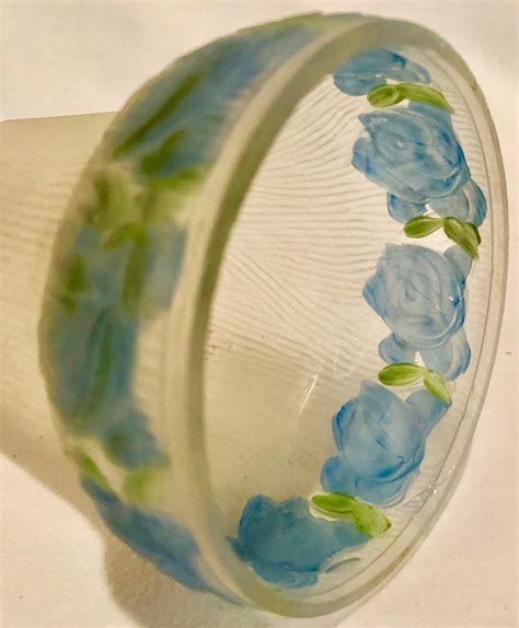 Antique Victorian Frosted Glass Lamp Shade With Blue Hand Painted Flowers
