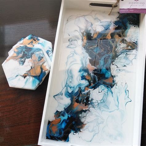 Blue And Copper Hand Painted And Resin Coated Tray With Matching