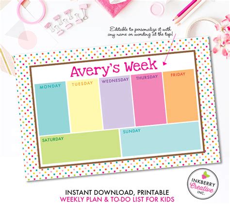 Printable Kids Weekly Planner And To Do List Instant Download Pdf