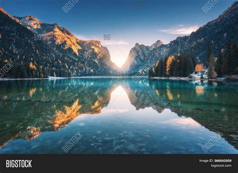 Mountain Lake Sunset Image And Photo Free Trial Bigstock
