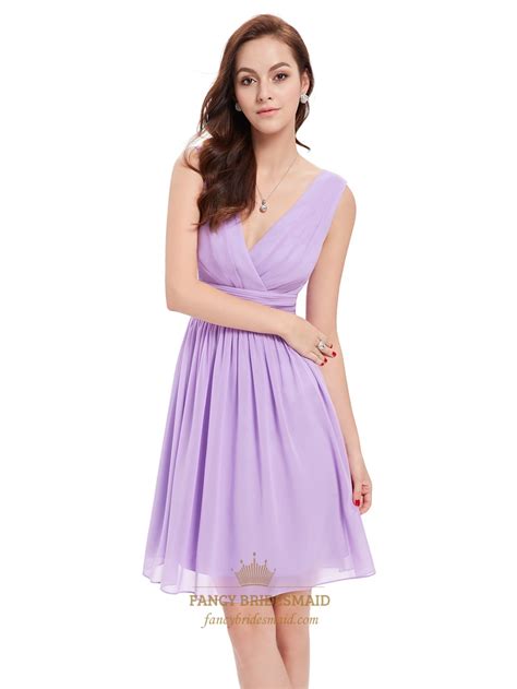Lilac Chiffon V Neck Knee Length Bridesmaid Dresses For