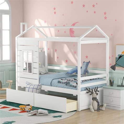 Harper And Bright Designs White Twin Size Wood House Bed With 2 Drawers