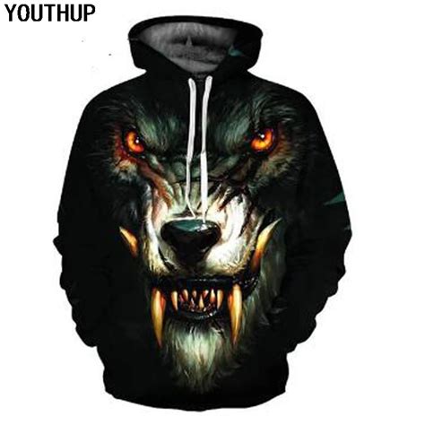 Youthup Fierce Wolf Hoodies For Men Animal 3d Print Hooded Sweatshirts