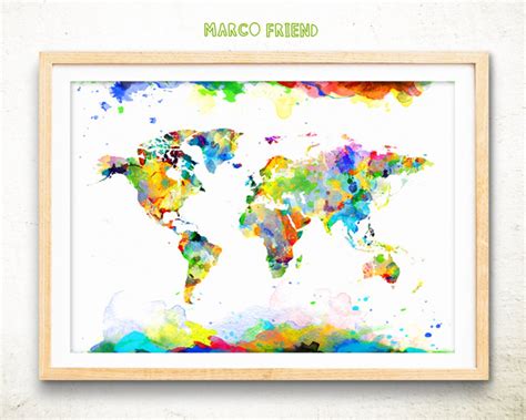World Map Watercolor Art Print Poster World Map Print Etsy