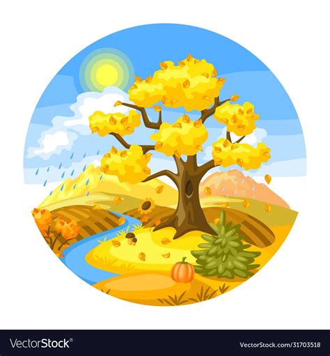 Autumn Landscape With Trees Mountains And Hills Seasonal Nature