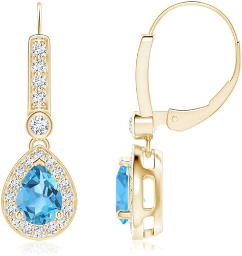 Vintage Style Swiss Blue Topaz Drop Earrings With Diamonds In 14K