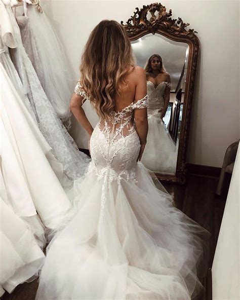 Off The Shoulder Lace Mermaid Wedding Dress With Long Train