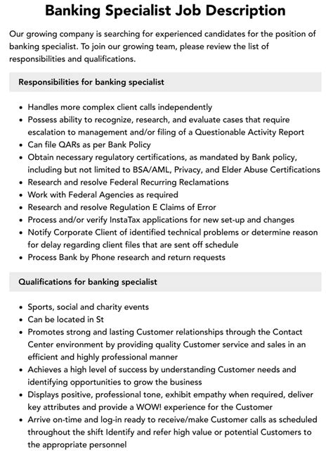 Banking Specialist Job Description Velvet Jobs