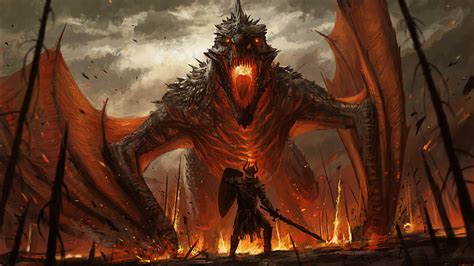 Fantasy Dragon Is Breathing Fire On Soldier Dreamy Hd Wallpaper