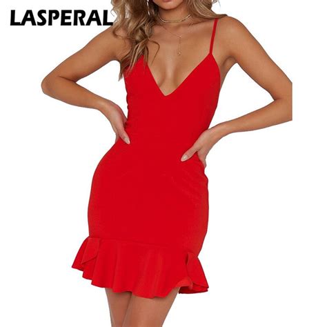 Lasperal Women Dress 2018 Summer Sexy Backless Lace Up Deep V Neck Spaghetti Strap Ruffle