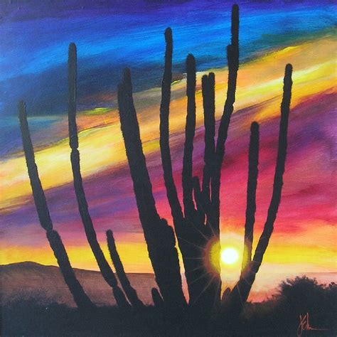 Desert Cactus Sunset Original Acrylic Painting By By