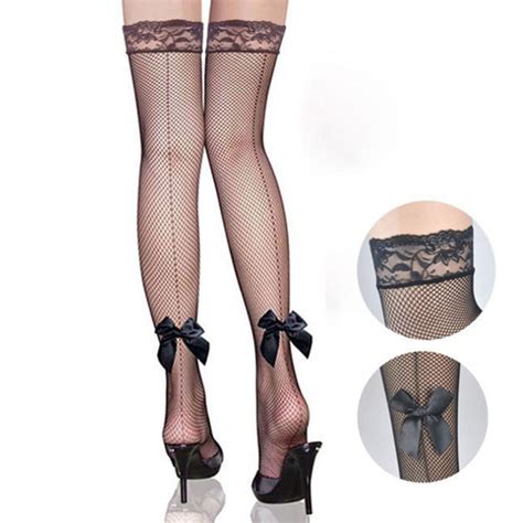 Women Sexy Bow Knot Fishnet Stockings Sheer Straps Lace Mesh Thigh High