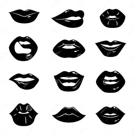 monochrome illustrations of beautiful and glossy female lips isolated on white background stock