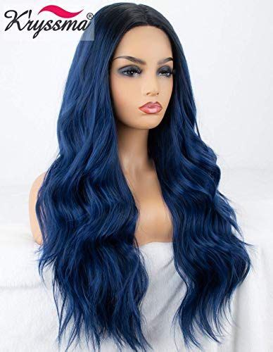 The Perfect Kryssma Blue Ombre Lace Front Wig Glueless Long Wavy Dark Blue Synthetic Wig With