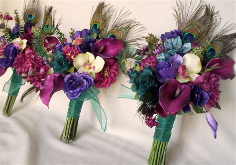 Teal Peacock Feather Bridal Bouquet Brides Maids Artificial