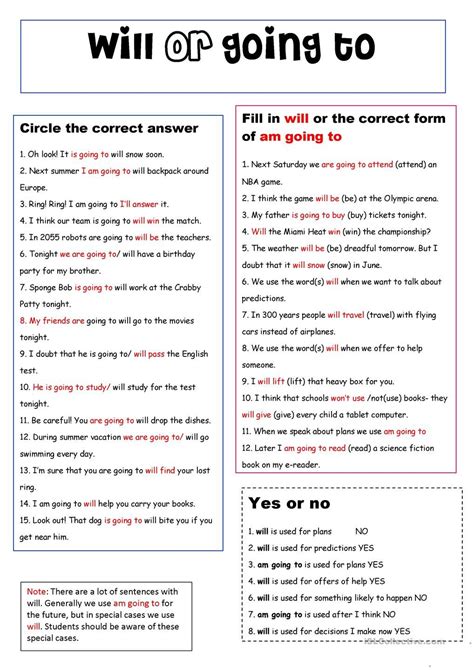 Will And Going To With Key Learn English English Grammar Worksheets