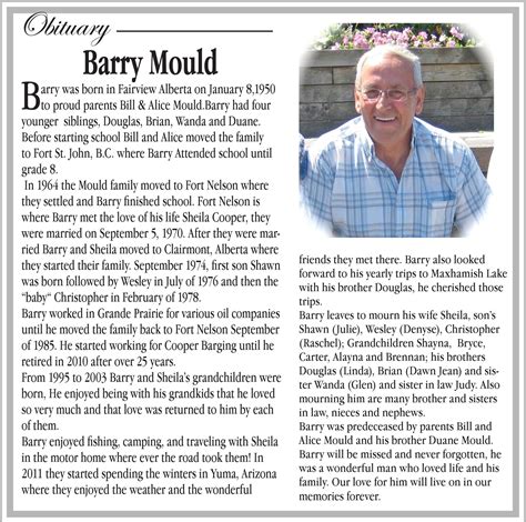 The inclusion of a photo is an additional $160 per day. Obituaries 2015 - Barry Mould - Fort Nelson News | Fort ...