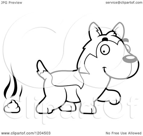 Cartoon Of A Black And White Cute Husky Puppy Dog Pooping