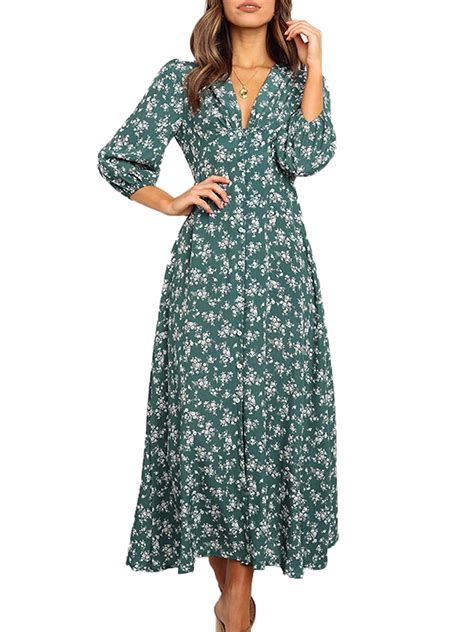 Womens Long Sleeve Bohemian Floral Maxi Dresses Loose Casual High Waist Boho Printed Maxi Dress