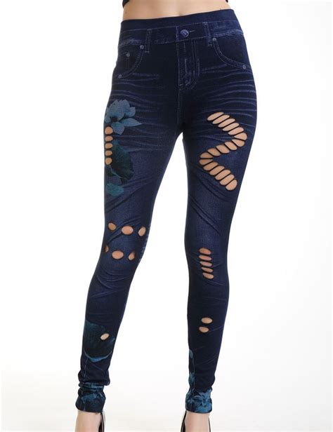 Lady Fitted Immitation Jeans Leggings Women Ripped Skinny Denim