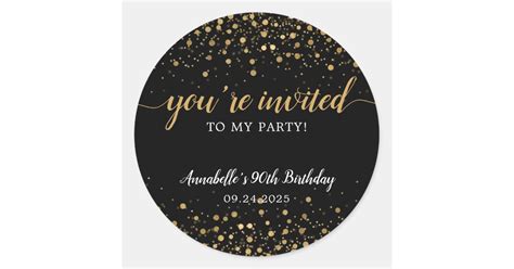 Youre Invited Party Gold Black Confetti Birthday Classic Round Sticker