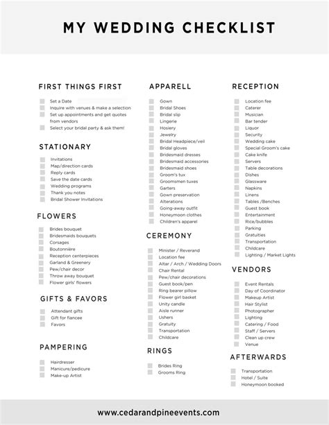 free printable wedding planning check list cedar and pine events