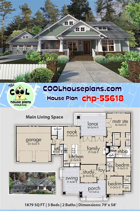 Craftsman Bungalow Home Plan Chp 55618 At Cool House Plans Arts And