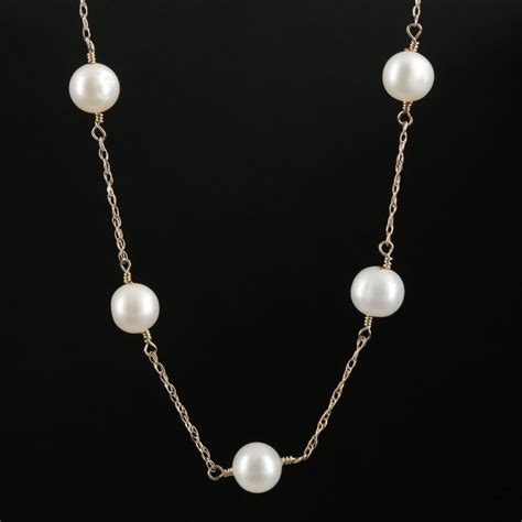 K Yellow Gold Cultured Pearl Station Necklace EBTH