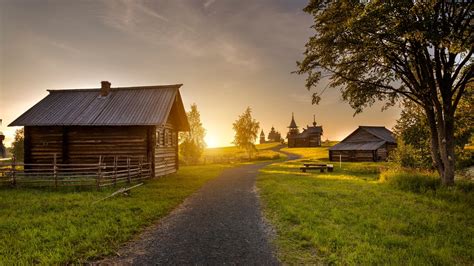 Wallpaper House Grass Trees Building Road Sunset Nature