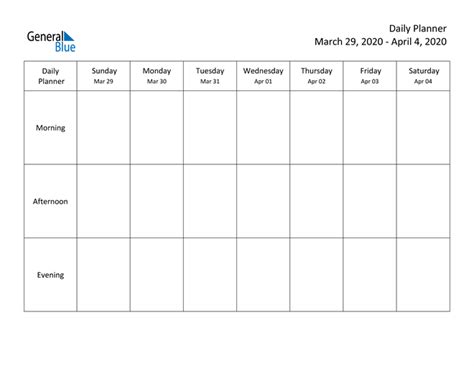 Weekly Calendar March 29 2020 To April 4 2020 Pdf Word Excel