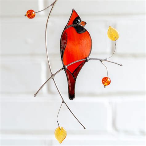 Red Cardinal Bird Stained Glass Suncatcher