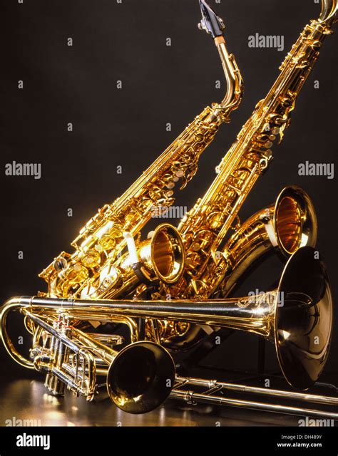Various Musical Instruments Saxophone Trumpet Trombone Music Stock