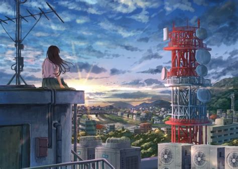 Wallpaper Anime Girl Sit Scenic Buildings Sunset Back View Clouds Wallpapermaiden