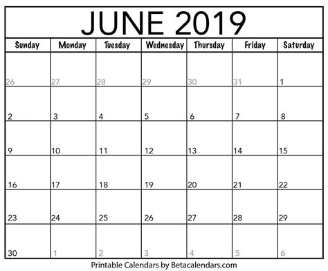 2019 June Calendar Printable Calendar