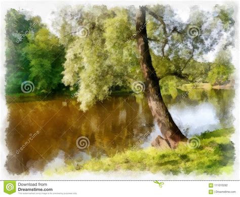 A River Side In The Park Stylized To Painting Stock Illustration