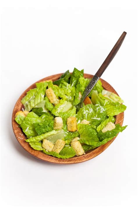 Classic Caesar Salad With Croutons Stock Image Image Of Fork