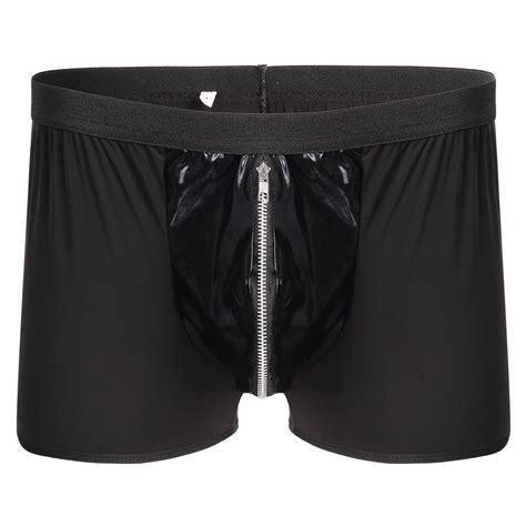 Iwemek Sexy Mens Wet Look Erotic Lingerie Mesh See Through Transparent Boxers Faux Leather