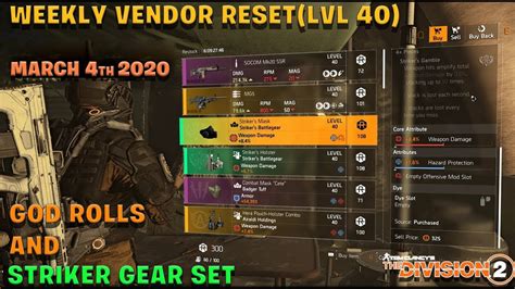 The Division FULL WEEKLY VENDOR RESET LVL March Th GOD ROLL ITMES STRIKER GEAR SET