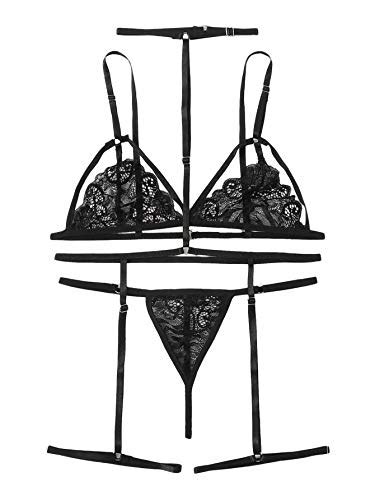 Shein Women S Floral Lace Sexy Garter Sheer Lingerie Set Strappy With Choker Medium Black